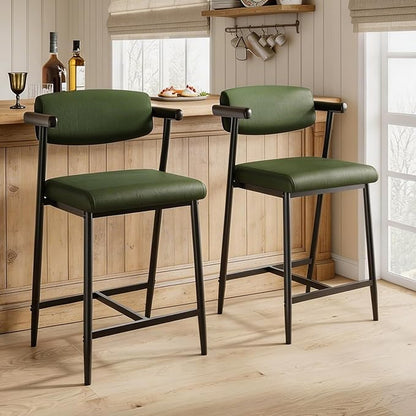 GarveeHome Counter Height Bar Stools Set of 4 with Armrests, 26" Upholstered 4pcs Tall Bar Stools Set, Long Backrest & Extra Thick Cushion, Modern High Barstools for Kitchen Island, Pub, Rustic Green