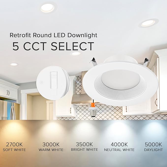 Maxxima 4" 5 CCT Retrofit Recessed LED Downlight - E-26 Quick Connect, Color Selectable 2700K-5000K (2700K/3000K/3500K/4000K/5000K), Dimmable Retrofit, 900 Lumens, Damp Rated for Kitchens - 12 Pack