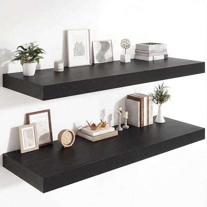 Heimlove 12 Inch Deep Floating Shelves, 48 x 12 inches Long Wall Shelf, Large Display Shelf & Storage Shelf, Rustic Wood Wall Shelves for Fireplace Mantel, Set of 2(Black)