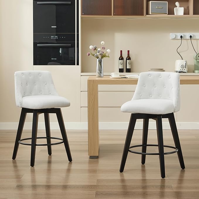 Modern Dining Chairs,Set of 2 - Sturdy and Stylish,Simple Natural Design,Counter Height Bar Stools with Line & Button Tufted Back,Solid Wood Frame Seat for Kitchen Island,Easy Asse,White-Linen-Foam