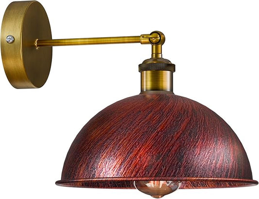 Dome Metal Wall Sconce, 180° Adjustable Industrial Wall Lamp for Bedside, Study, Kitchen, and Living Room Décor. (Rustic Red.)