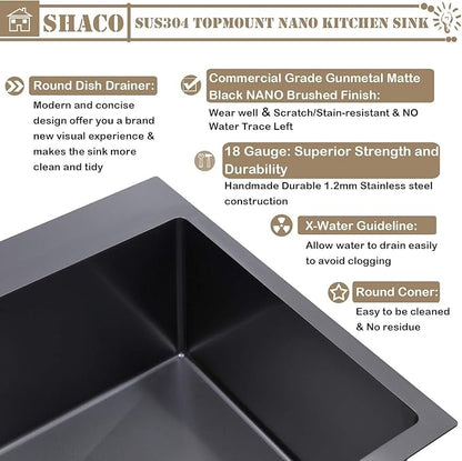 SHACO 28 x 20 Inch Drop in Black Kitchen Sink, Gunmetal Black Top Mount Stainless Steel 9 Inch Deep Single Bowl Laundry Utility Wet Prep Sink