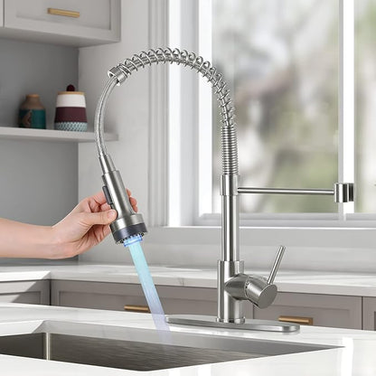 DJS Kitchen Faucets with Pull Down Sprayer Brushed Nickel LED Light Single Handle 1 or 3 Holes Spring Kitchen Sink Faucet with Deck Plate for Farmhouse RV Vessel Basin