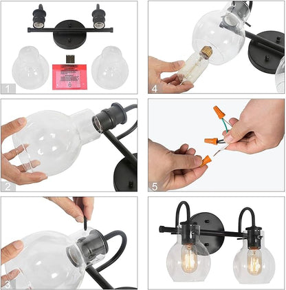 KSANA Black Bathroom Light Fixtures, 2-Light Modern Farmhouse Black Vanity Lights with Clear Glass Shade Over Mirror for Hallway, Kitchen, Bedroom, and Living Room