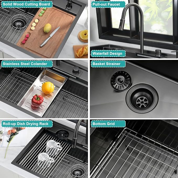 33 Inch Drop In Waterfall Kitchen Sink Black-iAnomla 33x19 Black Kitchen Sink Drop In Top Mount Modern Sinks with Cup Washer 16 Gauge Single Bowl Deep Multifunctional Smart Sinks and Faucet Combo