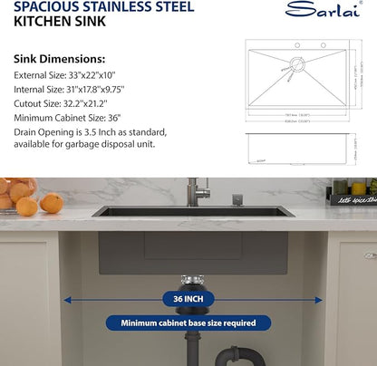 Sarlai 33 Black Kitchen Sink Drop In - 33x22 Inch Kitchen Sink Topmount Gunmetal Black 16 Gauge Stainless Steel Single Bowl Above Counter Rectangular Sinks Basin