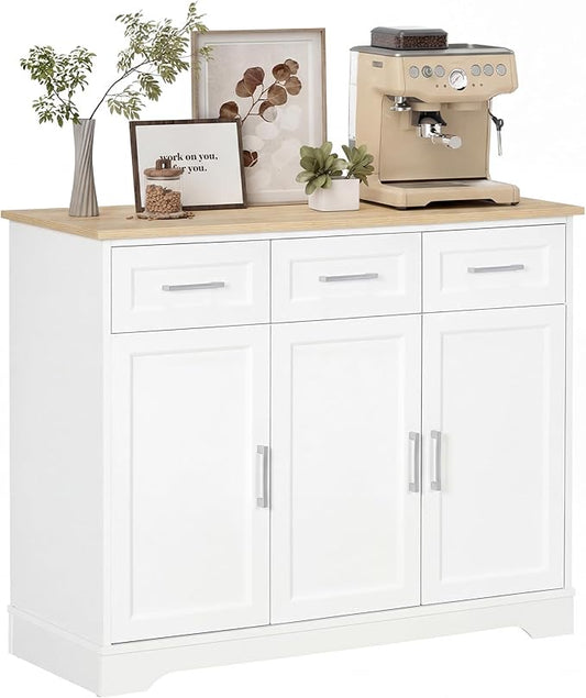 HOMCOM Sideboard Buffet Cabinet with 3 Storage Drawers, Kitchen Cabinet Coffee Bar with Adjustable Shelf for Living Room, White