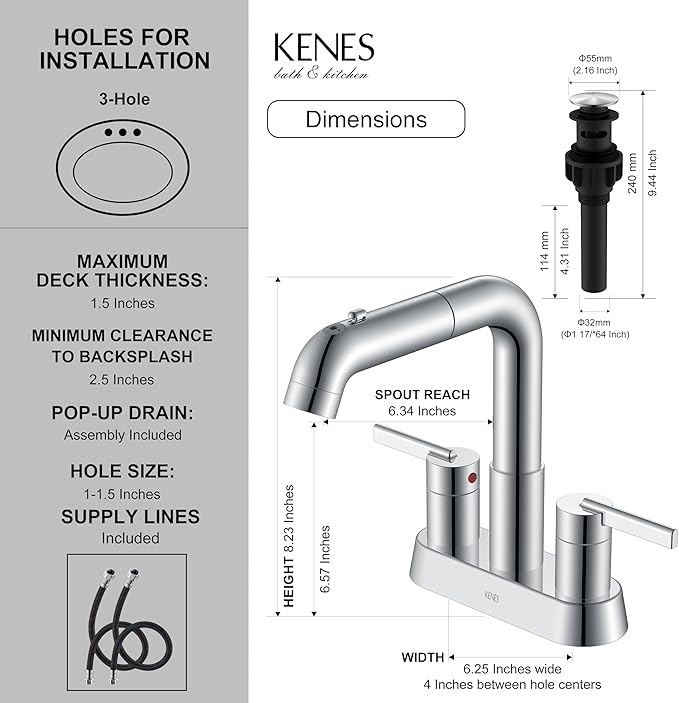 KENES Chrome Centerset Bathroom Faucet with Pull Out Sprayer, 4 Inch 2 Handle Pull Down Bathroom Faucet 3 Hole, Bathroom Sink Faucet with Pop Up Drain & Supply Lines LJ-9059A-5
