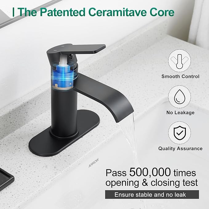 VOTON Matte Black Waterfall Bathroom Faucet, Single Handle 1 or 3 Hole Modern Sink Faucet with Deck Plate & Pop-Up Drain, RV Camper Washbasin Tap