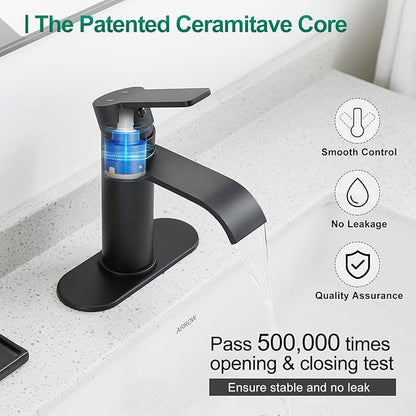 VOTON Matte Black Waterfall Bathroom Faucet, Single Handle 1 or 3 Hole Modern Sink Faucet with Deck Plate & Pop-Up Drain, RV Camper Washbasin Tap