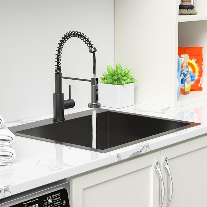 Sarlai Laundry Sink with Faucet Drop In 25"x22"x12" Deep Black Laundry Utility Kitchen Sink Drop-in Topmount Single Bowl Sink 16 Gauge Stainless Steel Gunmetal Black Kitchen Laundry Room Sinks