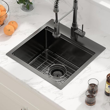 Sarlai Drop Bar Sink - 18 Inch Black Outdoor Kitchen Sink Gunmetal Black Drop In Workstation 18 x 18 Topmount Stainless Steel 16 Gauge Single Bowl Kitchen Bar Prep RV Outdoor Sinks Basin