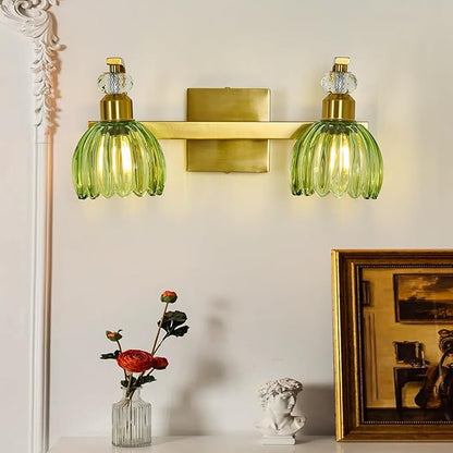 Vintage Gold Vanity Light 2 Lights Bathroom Lighting Fixture with Green Tulip Glass Shade Antique Brass Vanity Lights Over Mirror for Kitchen Bedroom Living Room Farmhouse
