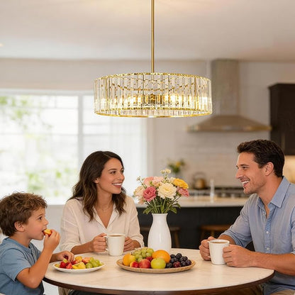 Gold Crystal Chandelier for Dining Room, 6-Light Modern Semi Flush Mount Ceiling Lighting Fixtures, Round Kitchen Fixtures Ceiling, Hanging Drum Pendant Lights for Living Room Bedroom Foyer, 19IN, E26