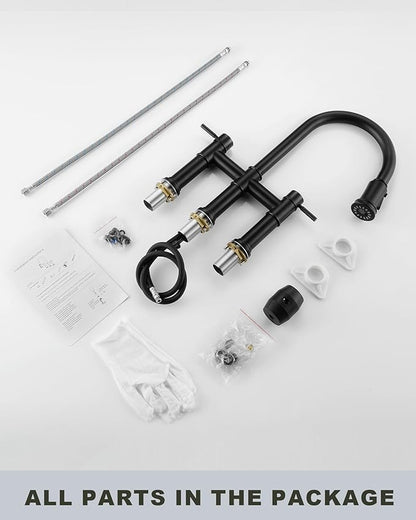 Bridge Faucet for Kitchen Sink: iVIGA Black Farmhouse 3 Hole Kitchen Faucet with Pull Down Sprayer (3 Spray Modes) - 2 Handle High Arc Brass Faucet with 360° Swivel, with Supply Lines