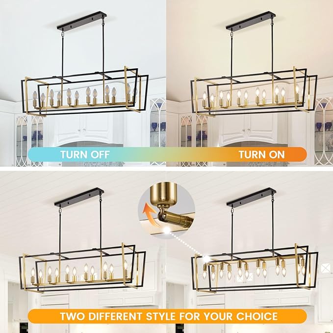 WJShome 12 Light Chandeliers for Dining Room, Farmhouse Kitchen Island Lighting, Black and Gold Rectangle Chandelier, Rustic Adjustable Height Metal Hanging Dining Table Fixture