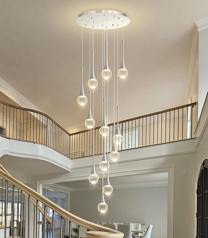 12 Light High Ceiling Crystal Chandelier Dimmable LED Pendant Lights with Remote Adjustable Chandeliers for Foyer Staircase Living Room Silver