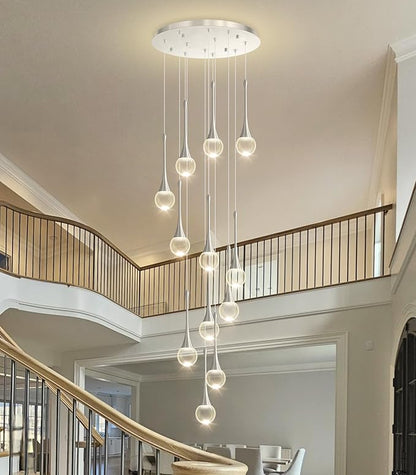 12 Light High Ceiling Crystal Chandelier Dimmable LED Pendant Lights with Remote Adjustable Chandeliers for Foyer Staircase Living Room Silver