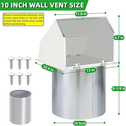 10 Inch Hooded Wall Vent with Screen and Damper, Outdoor Wall Exhaust Vent Cover Cap for Kitchen Range Hood Dryer Exterior Ventilation and Outside Air Exhaust, Galvanized Steel, White