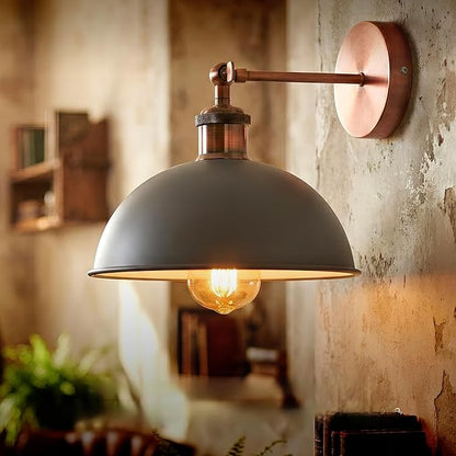 Dome Metal Wall Sconce, 180° Adjustable Industrial Wall Lamp for Bedside, Study, Kitchen, and Living Room Décor. (Grey_)