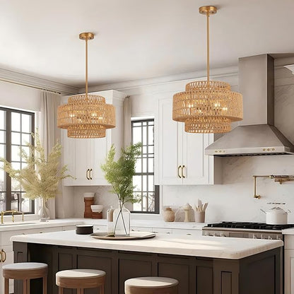 18 Inch Boho Chandeliers for Dining Room 4-Lights Black Farmhouse Light Fixtures Large Pendant Light Hand Woven Dining Table Light Fixture Rattan Hanging Lamp for Kitchen Island