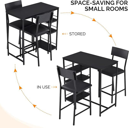 VINGLI Dining Table Set for 2, Kitchen Breakfast Counter Height Small 3 Piece Bar Table and Chairs Set with Storage, Black