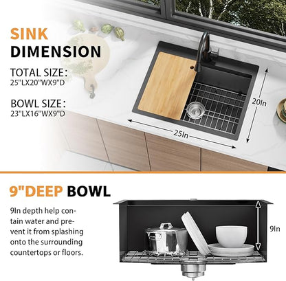 Black 25x20In Kitchen Sink Workstation-Stainless Steel Drop In Single Bowl Built-in Ledge Topmount Workstation Sink For Placing/Sliding Accessory-Cutting Board,Drying Rack,Convenient And Functional