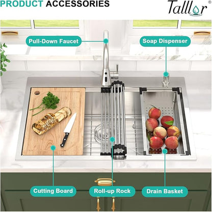 33x22 Drop In Kitchen Sink with Faucet Combo - 33 Inch Kitchen Sinks Drop In 16 Gauge Stainless Steel Topmount Single Bowl Workstation Over Mount Sinks and Faucet Combo Set #TLT-0020