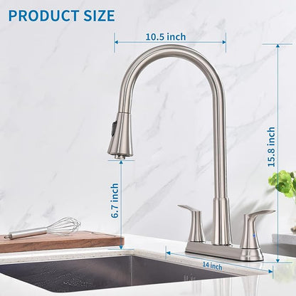 HOMELODY 2 Handles Kitchen Faucet with Pull Down Sprayer for 3 Hole Sink, 8 inch 360° Rotating Spout Centerset Kitchen Sink Faucet with Water Lines Brushed Nickel