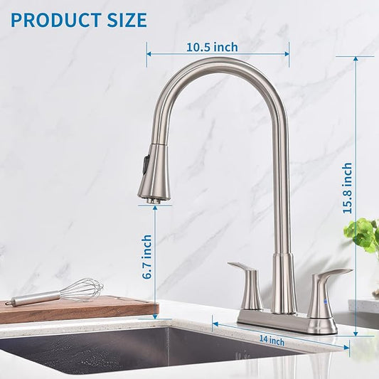 HOMELODY 2 Handles Kitchen Faucet with Pull Down Sprayer for 3 Hole Sink, 8 inch 360° Rotating Spout Centerset Kitchen Sink Faucet with Water Lines Brushed Nickel