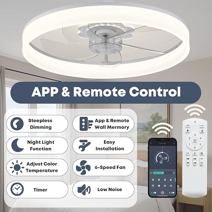 Fszdorj 20'' Ceiling Fan with Light, Upgraded Low Profile Fan, Flush Mount Ceiling Fan, 6 Speeds, Dimmable LED, App & Remote Control, Quiet DC Motor, for Bedroom, Living Room, F116 White