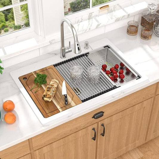 33 Inch Granite Composite Kitchen Sink - White Drop In Workstation All-In One Classic Quartz Single Bowl Kitchen Sink Basin, 2-Holes, 33x22, Top-Mount #TLGT-113