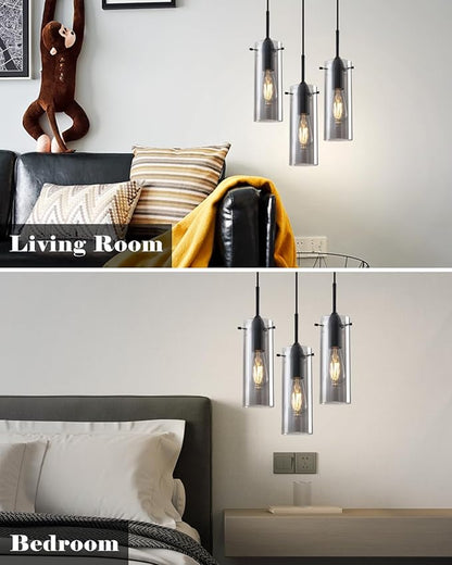 Smoke Gray Glass Pendant Light Kitchen Island, Kitchen Island Lights Ceiling Hanging, Kitchen Pendant Lights 2 Pack, Modern Clear Hanging Pendant Light for Kitchen, Living Room, Bathroom