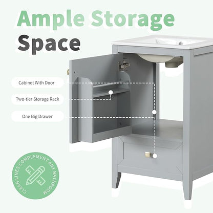 20" Bathroom Vanity with Ceramic Sink Top Set, Multi-Functional Storage Cabinet with Rack Organizer and Drawer, Soft-Closing Door, Solid Wood Frame, Gray