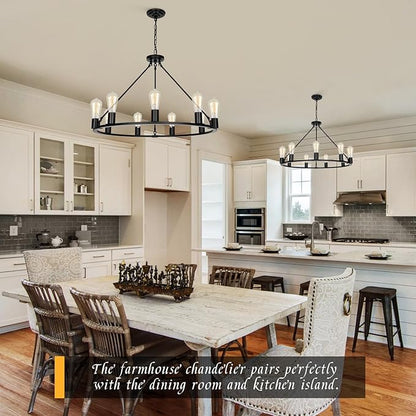 9-Lights Farmhouse Chandelier | Dia 32'' Black Wagon Wheel Chandelier | Rustic Hanging Dining Room Light Fixture | Apply to Living Room | Kitchen Island | Entryway | Foyer