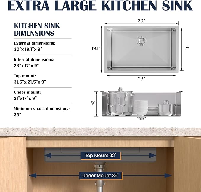 30 Inch Undermount Kitchen Sink - 30x19x9 Kitchen Sinks with Brushed, 18 Gauge 304 Stainless Steel Includes Drain Strainer, Deep Single Bowl Handmade Basin