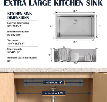 30 Inch Undermount Kitchen Sink - 30x19x9 Kitchen Sinks with Brushed, 18 Gauge 304 Stainless Steel Includes Drain Strainer, Deep Single Bowl Handmade Basin