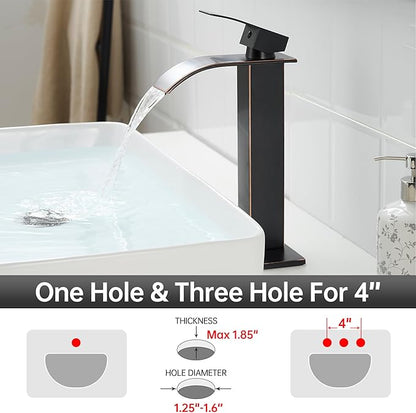 Fransiton Tall Vessel Sink Faucet Oil Rubbed Bronze Faucet for Bathroom Sink Tall Waterfall Bathroom Faucet Single Handle 1 or 3 Hole Wash with Pop-up Drain