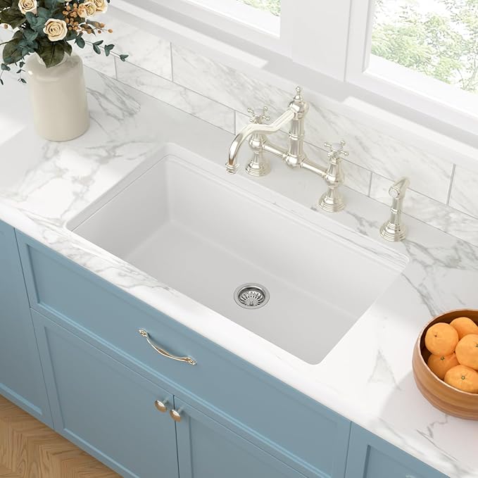 Sarlai 33 White Kitchen Sink Granite Composite - 33 x 19 inch Kitchen Sink Undermount Workstation White Granite Composite Quartz Single Bowl Under Counter Kitchen Sinks Basin