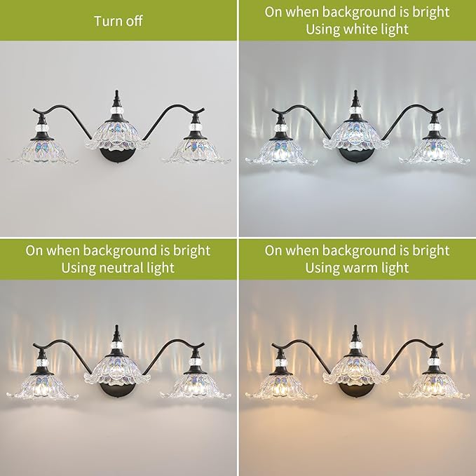 Vintage Bathroom Vanity Light Fixtures - 3 Light Iridescent Flower Glass Antique Matte Black Bathroom Lights Fixture Over Mirror,Retro High End Wall Mounted Vanity Lighting for Bath Powder Room