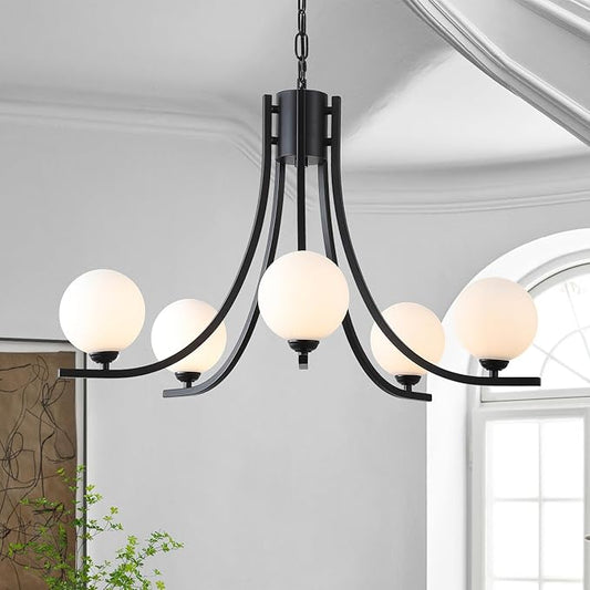 Modern Sputnik Chandelier for Dining Room Black Farmhouse Chandelier Glass Globe Dining Room Light Fixtures Mid Century White Glass Chandelier for Living Room Bedroom Kitchen Island Foyer