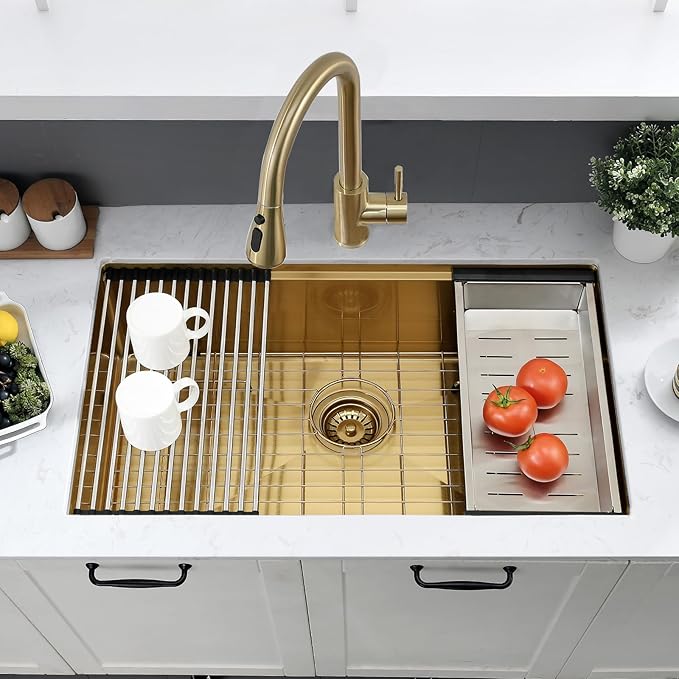 28 Inch Gold Undermount Kitchen Sink,28x18 Undermount Stainless Steel Kitchen Sink Brushed Gold Workstation 16 Gauge 10" Deep Single Bowl Kitchen Sinks with Accessories