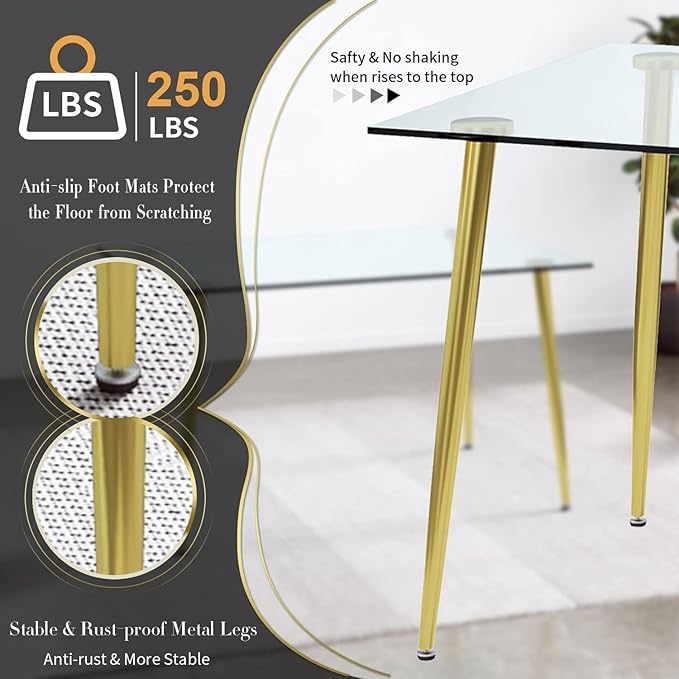 Glass Dining Table for 4 with 51 inch Clear Tempered Glass Top, 0.31" Modern Rectangular Glass Kitchen Table Furniture with 4 Golden Plating Metal Legs for Home Kitchen Room