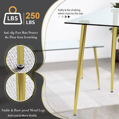 Glass Dining Table for 4 with 51 inch Clear Tempered Glass Top, 0.31" Modern Rectangular Glass Kitchen Table Furniture with 4 Golden Plating Metal Legs for Home Kitchen Room