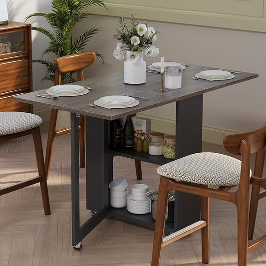 LotFun Folding Dining Table with 2-Tier Storage Racks, Movable Kitchen Dining Table with 6 Wheels, Space Saving Table for Small Spaces (2 Tier Storage Racks, Grayish Black + Gray Wood Grain)