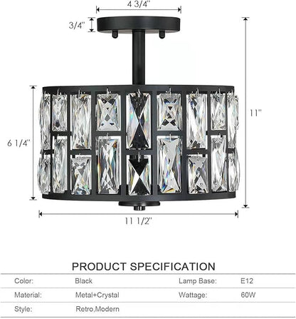 MEXO Farmhouse Crystal Round Semi Flush Mount Close to Ceiling Light Fixture, Drum Shade 3LT Ceiling Lamp for Kitchen Island Dinning Room Bedroom, Hallway Black Finish