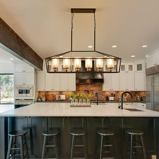 WJShome Black and Gold Chandelier, 6-Light Modern Chandeliers for Dining Room, Rustic Kitchen Island Lighting, Farmhouse Pendant Lights Kitchen Island, Dining Room Light Fixtures Over Table
