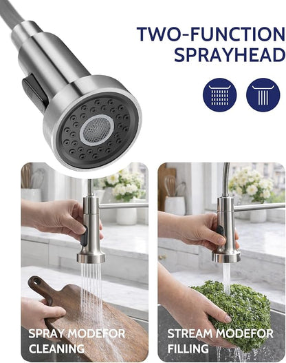 LUFEIDRA Kitchen Faucet with Pull Down Sprayer and Soap Dispenser, High Arc Spring 304 Stainless Steel Single Handle 1 or 3 Hole 2 Mode for Farmhouse RV Camper Laundry Wet Bar (Brushed Nickel)