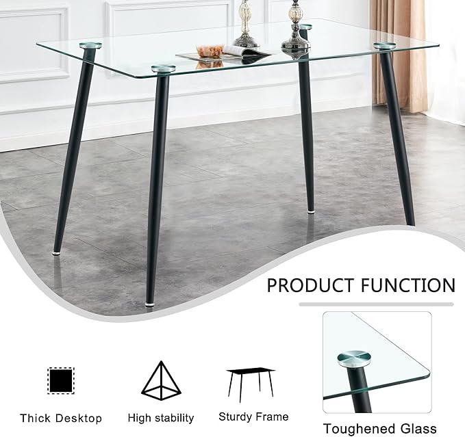 Baysitone Glass Dining Table for 4 with 51 inch Clear Rectangular Glass Top, 0.31" Modern Tempered Glass Kitchen Table Furniture with 4 Black Plating Metal Legs for Home Dining Room
