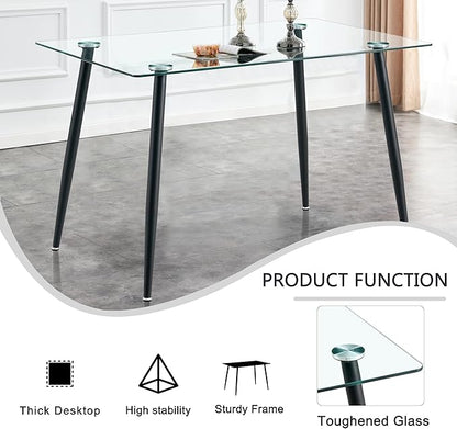 Baysitone Glass Dining Table for 4 with 51 inch Clear Rectangular Glass Top, 0.31" Modern Tempered Glass Kitchen Table Furniture with 4 Black Plating Metal Legs for Home Dining Room
